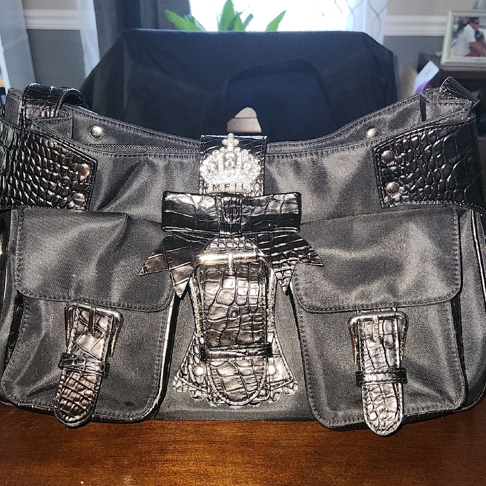 My Flat in London Black Croc-Pattern Shoulder Bag
